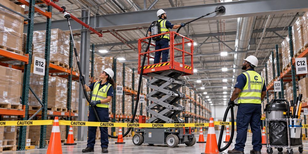 A technician on a scissor lift performing high dusting above warehouse racking.