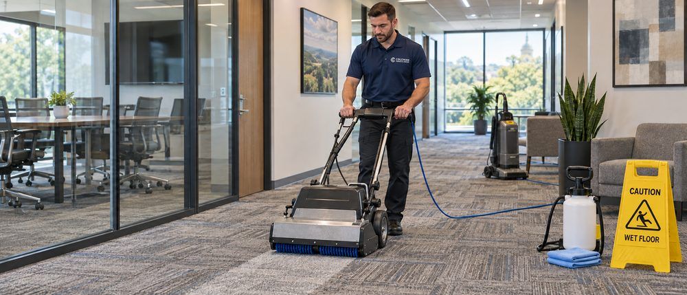 A technician running a carpet extractor through a corporate office corridor.